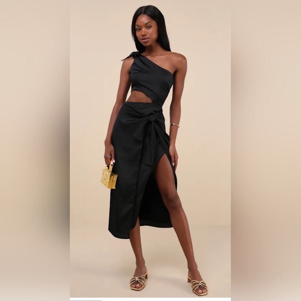 Lulus- Vacay Beauty Black One-Shoulder Tie-Strap Midi Dress
